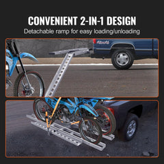 Aluminum motorcycle hitch carrier with detachable ramp for loading two bikes onto a truck.