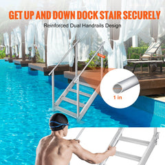 4-step aluminum dock ladder with dual handrails and nonslip pedals for secure water access.