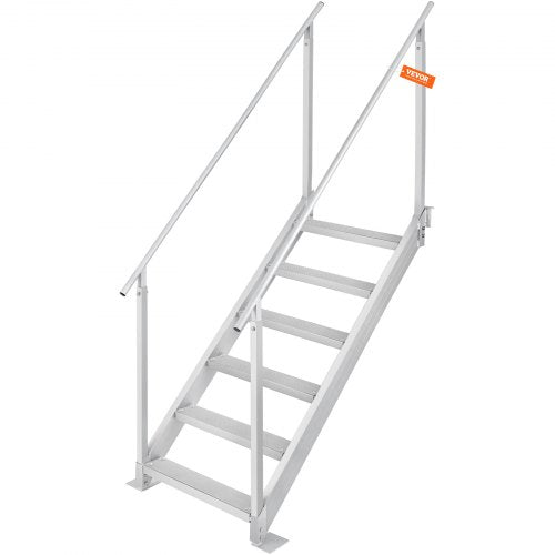Silver adjustable aluminum dock ladder with 6 steps and dual handrails.