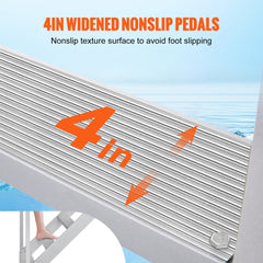 Aluminum dock ladder with 6 steps, adjustable height, and 4-inch nonslip pedals.