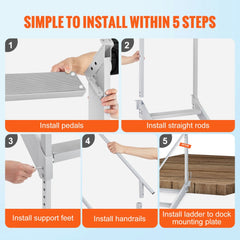 Infographic showing 5-step installation of adjustable aluminum dock ladder with handrails and pedals.