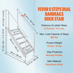 Adjustable aluminum dock ladder with 6 steps, dual handrails, and 500 lbs capacity.
