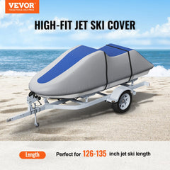 Grey and blue Bostome jet ski cover for models 126-135 inches, made of 600D Oxford fabric.