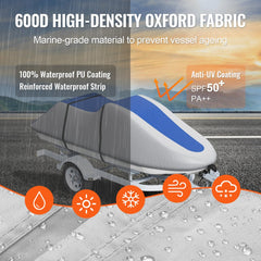 Bostome jet ski cover in grey and blue, made of 600D Oxford fabric, fits 126"-135" models.