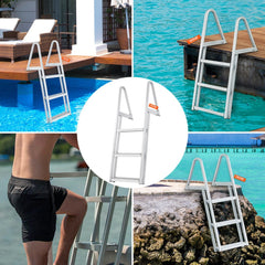 Removable 3-step aluminum dock ladder with handrails, shown in pool and dock settings.