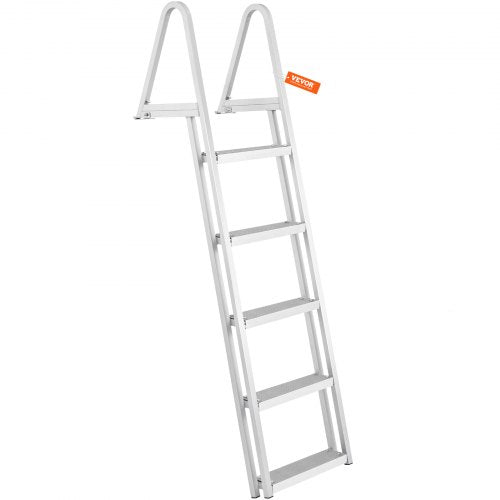 Aluminum dock ladder with five steps, nonslip pedals, and ergonomic handrails for easy access.