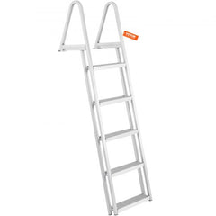 Aluminum dock ladder with five steps, nonslip pedals, and ergonomic handrails for easy access.