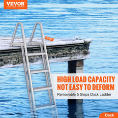 Aluminum dock ladder with five steps, nonslip pedals, and ergonomic handrails for easy access.