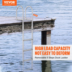 Aluminum dock ladder with five steps, nonslip pedals, and ergonomic handrails for easy access.