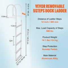 Aluminum dock ladder with five nonslip steps and ergonomic handrails for safe boarding.