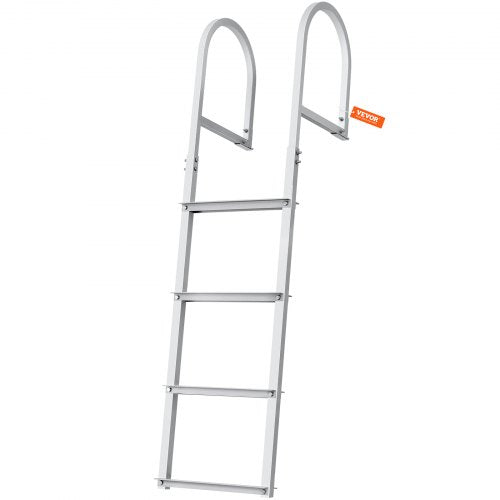 Four-step aluminum dock ladder with handrails and nonslip pedals, removable design.