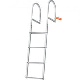 Four-step aluminum dock ladder with handrails and nonslip pedals, removable design.