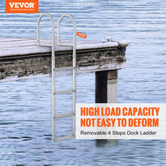 Removable 4-step aluminum dock ladder with handrails on a wooden dock over water.