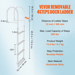 Removable 4-step aluminum dock ladder with 500 lbs capacity and nonslip pedals.