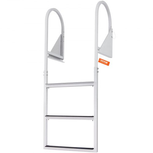 White 3-step aluminum dock ladder with flip-up frame and non-slip steps.