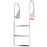 White 3-step aluminum dock ladder with flip-up frame and non-slip steps.