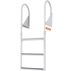 White 3-step aluminum dock ladder with flip-up frame and non-slip steps.