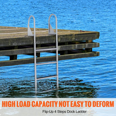 Aluminum 4-step dock ladder with flip-up design and nonslip rubber pedals for secure boarding.