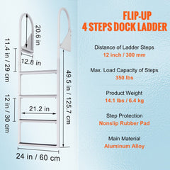 Aluminum 4-step dock ladder with flip-up design and nonslip rubber pedals for easy access.