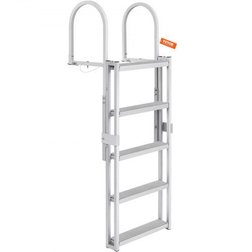Silver 5-step retractable aluminum dock ladder with handrails and orange tag.