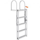 Silver 5-step retractable aluminum dock ladder with handrails and orange tag.