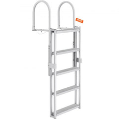 Silver 5-step retractable aluminum dock ladder with handrails and orange tag.