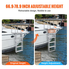 Retractable 5-step aluminum dock ladder adjustable from 66.9 to 78.9 inches for boat boarding.