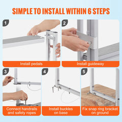 Infographic showing 6-step installation of a retractable 5-step aluminum dock ladder.