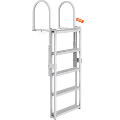 Silver 5-step retractable aluminum dock ladder with U-shaped handrails and orange tag.