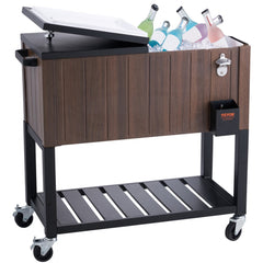 Brown teak-accented 80-quart rolling ice chest cooler cart with open lid, bottles, ice, bottle opener, and wheels.