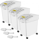 Three white 5.2-gallon PP storage bins on wheels with clear lids, yellow labels, and included scoops.