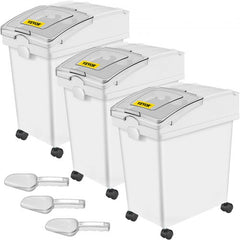 Three white 5.2-gallon PP storage bins on wheels with clear lids, yellow labels, and included scoops.