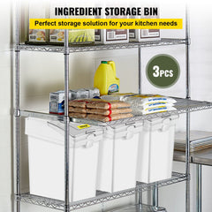 Set of three white 5.2 gallon ingredient storage bins on wheels with clear lids and scoops.