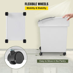 White 3-piece 5.2-gallon storage bins on wheels with scoops for ingredients.
