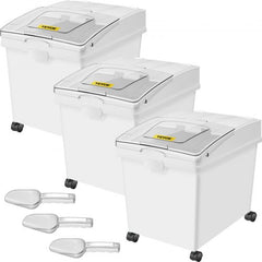 Three white 10.5-gallon wheeled storage bins with clear lids and scoops.