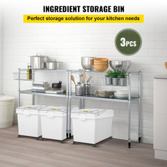 Three white 10.5-gallon PP ingredient storage bins on wheels, shown stacked in a kitchen.