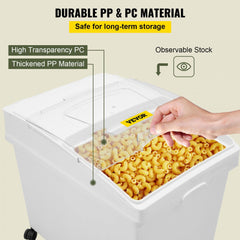 White 10.5-gallon PP storage bin on wheels with clear lid showing pasta inside, hand lifting lid.
