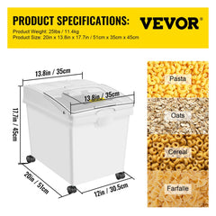 White 10.5-gallon PP storage bin on wheels with measurements and examples of stored pasta, oats, cereal, and farfalle.