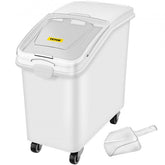 White 27-gallon ingredient storage bin with a sliding lid, scoop, and transparent window.