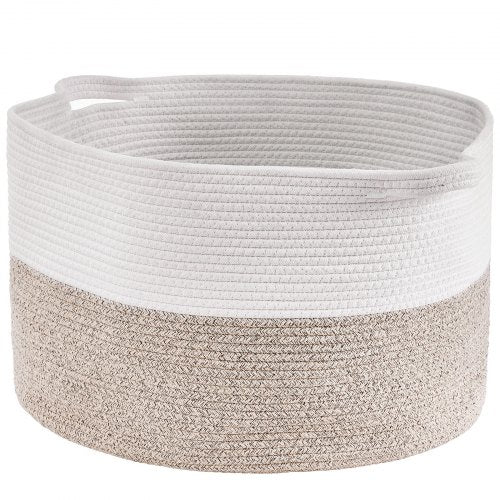 White and beige woven cotton rope storage basket, 20x20x13 inches, 67L capacity.
