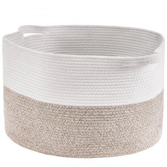 White and beige woven cotton rope storage basket, 20x20x13 inches, 67L capacity.