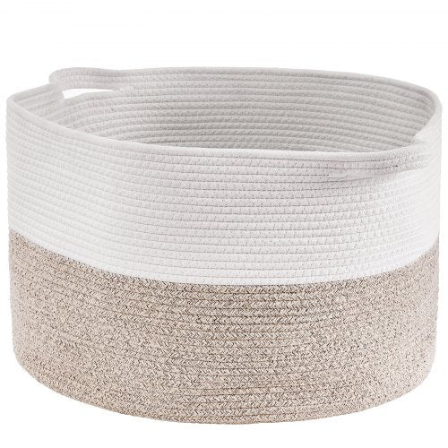 White and beige woven cotton rope storage basket, 22x22x14 inches, with handles.