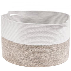White and beige woven cotton rope storage basket, 22x22x14 inches, with handles.