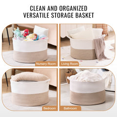 White and beige woven cotton rope storage basket, 22x22x14 inches, shown in nursery, living room, bedroom, and bathroom.