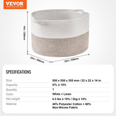 White linen woven cotton rope storage basket, 87L capacity, 22x22x14 inches.