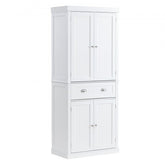 White 72-inch kitchen pantry cabinet with adjustable shelves, drawer, and double doors.
