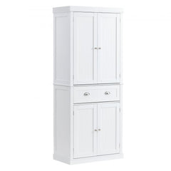 White 72-inch kitchen pantry cabinet with adjustable shelves, drawer, and double doors.