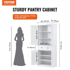 White 72-inch kitchen pantry cabinet with open doors, adjustable shelves, drawer, and dimensions shown next to a model.