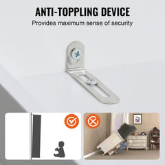 Anti-toppling device for kitchen cabinet, showing secure installation and safety icons.