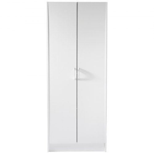White kitchen pantry cabinet with two doors and three adjustable shelves.